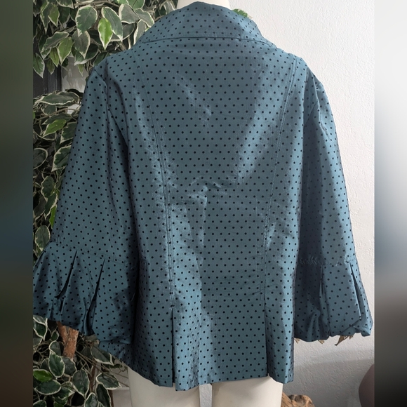 Dressbarn Collection Teal Black Polkadot Pleated Bell Sleeves Womens Blouse Top - Picture 2 of 9